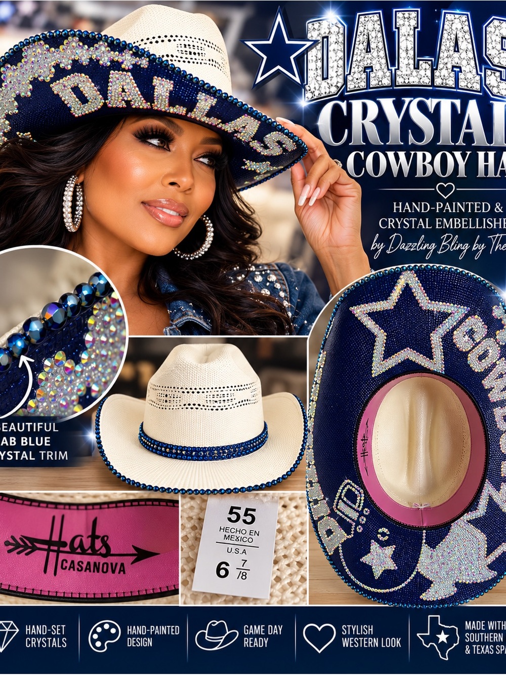 Dallas Cowboys Crystal Cowboy Hat Hand Painted Western